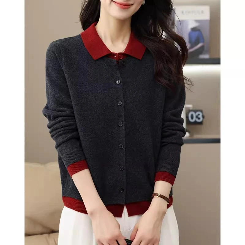 纯羊毛衫假两件翻领上衣针织衫女2024早秋季新款韩版百搭开衫毛衣