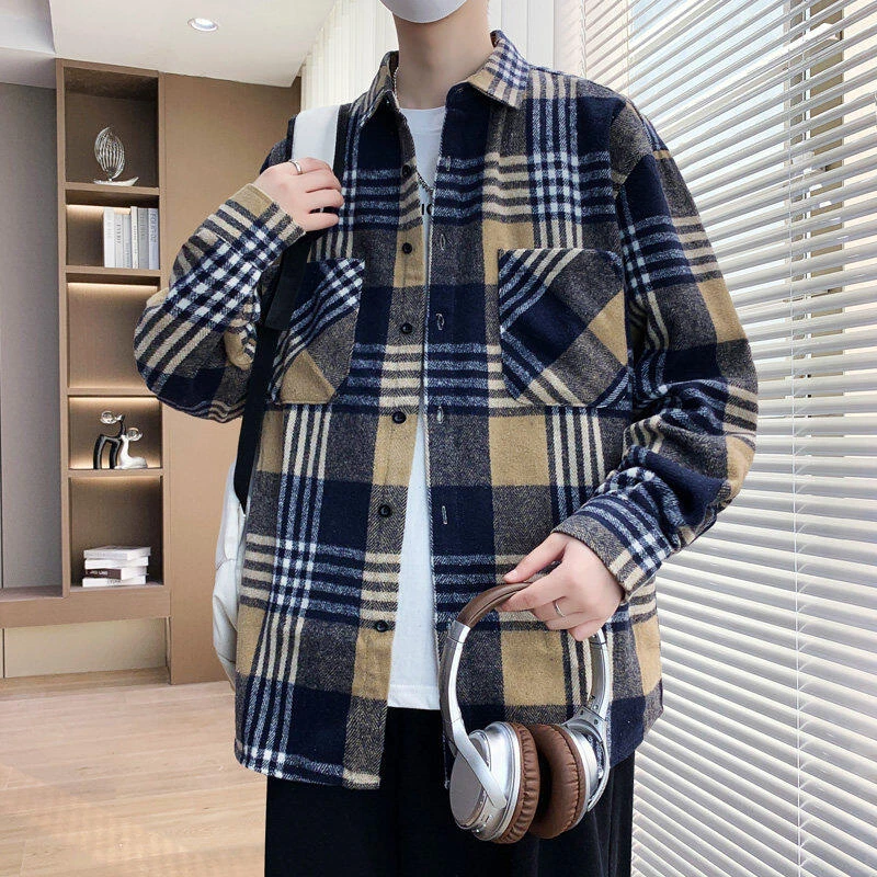 2025春季新款男士潮流胸前口袋长袖格子棉质衬衫宽松休闲衬衣CS84