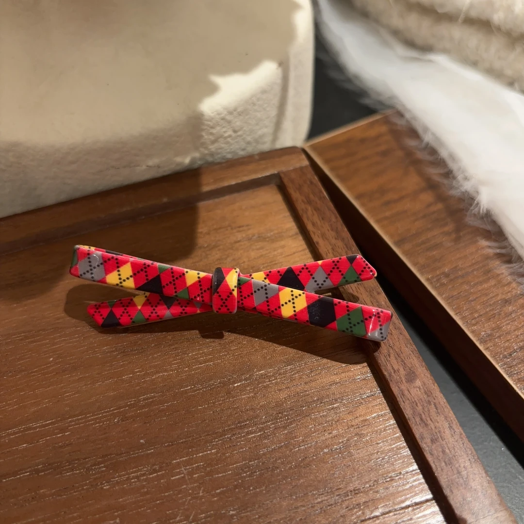 东大门拼色格纹蝴蝶结发夹Y973