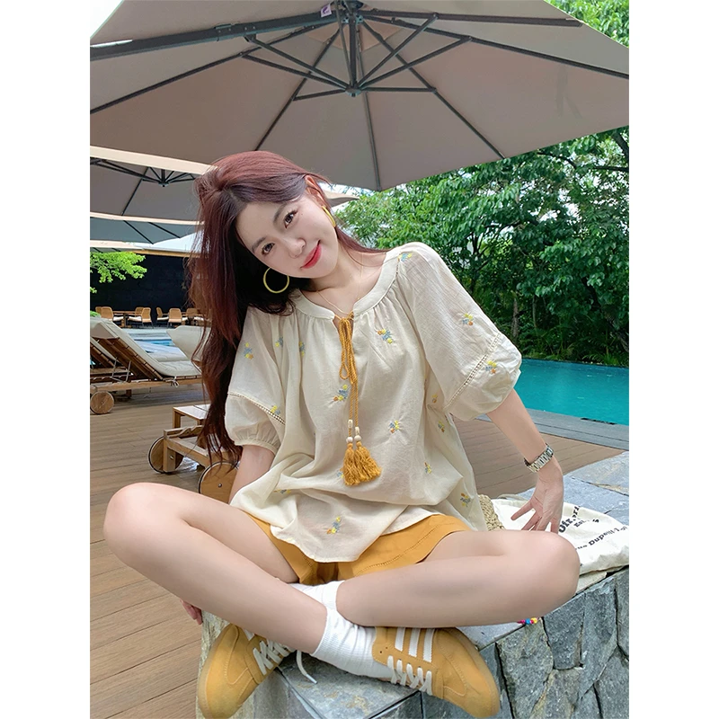 曾小咸 韩系套装宽松刺绣衬衫休闲短裤套装Z252SSR6424