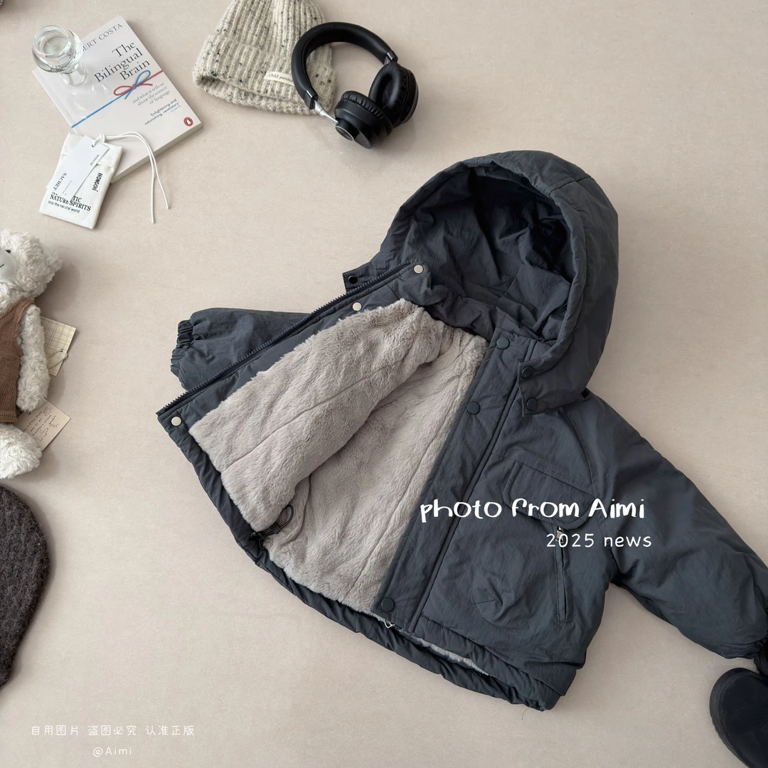 男童冬季新款韩版派克棉服上衣加绒加厚保暖连帽外套小童上衣