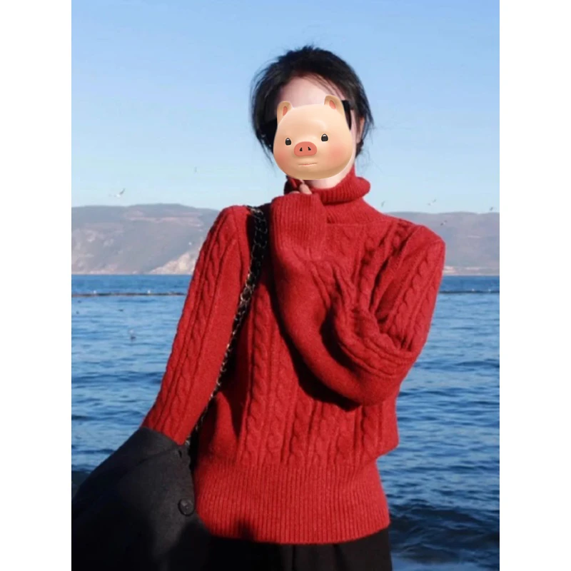 圣诞节穿搭红色高领套头毛衣女秋冬加厚保暖宽松慵懒风针织衫上衣