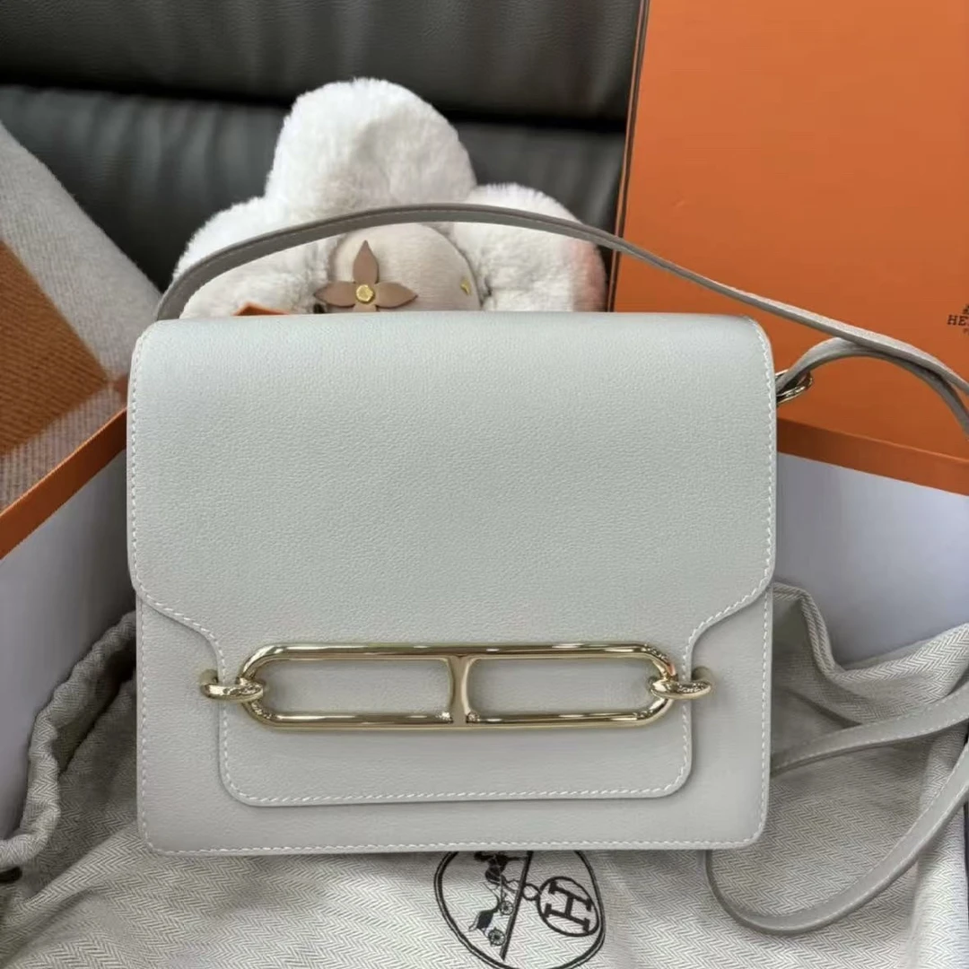 99新 Hermes/爱马仕 猪鼻子23珍珠灰淡金扣ec皮c单肩包8295052
