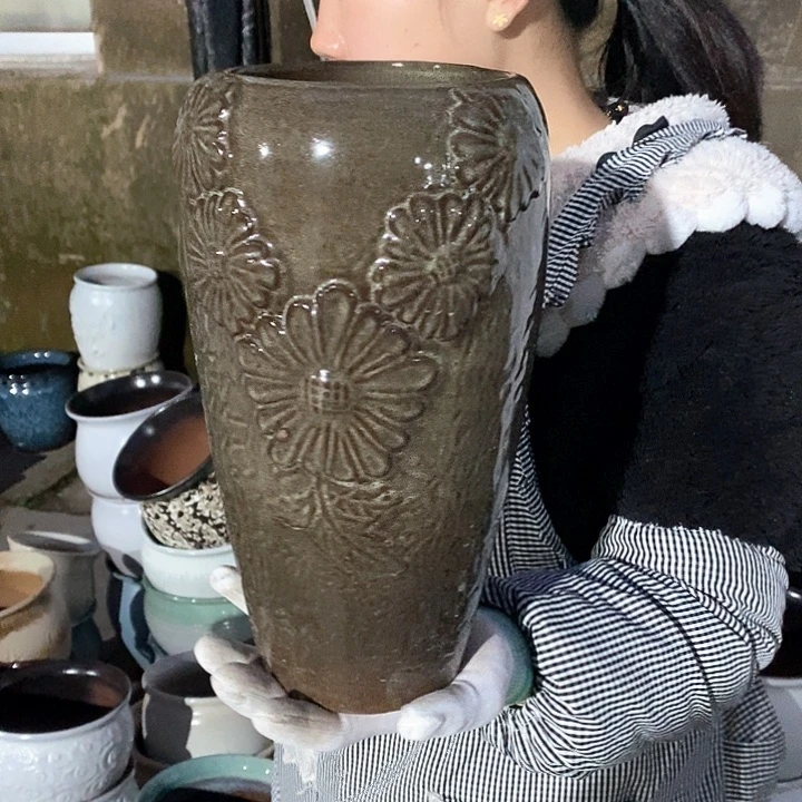 红泥花盆瑕疵口13高28