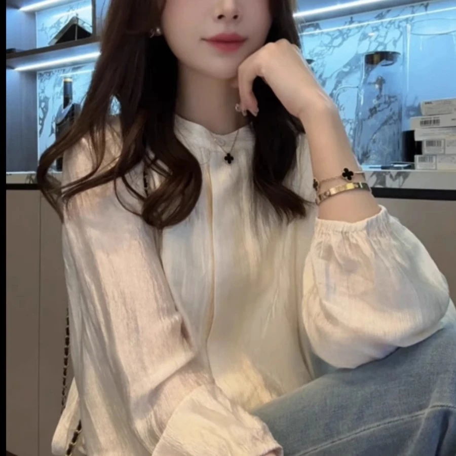 洋气衣服女优雅风外穿长袖衬衫女设计感香槟晚宴圆领单排扣上衣