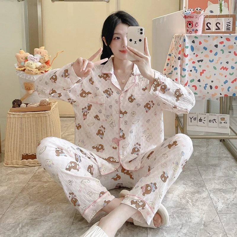 衫芊亿褶皱云朵棉睡衣女士春秋季印花翻领可爱卡通家居服套装新