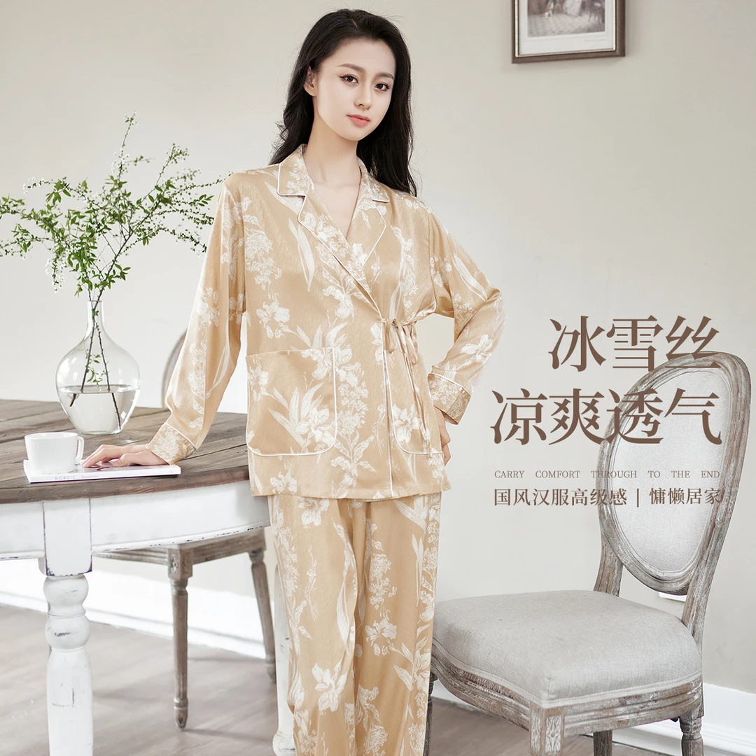 古今方领长袖女睡衣家居服套装春秋季大码新中式021+SS1WT5607