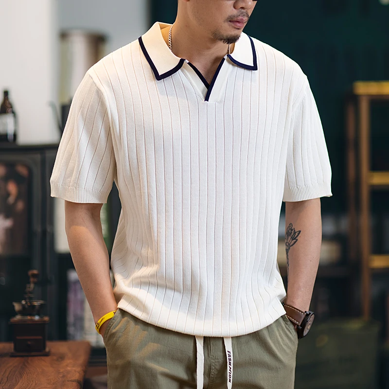 几何先生2025新款美式复古冰丝Polo衫短袖夏季宽松针织衫男士上衣