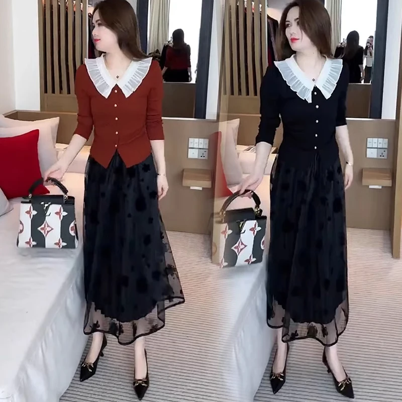 时尚连衣裙套装女2025春季新款洋气质花边领上衣半身裙两件套裙潮