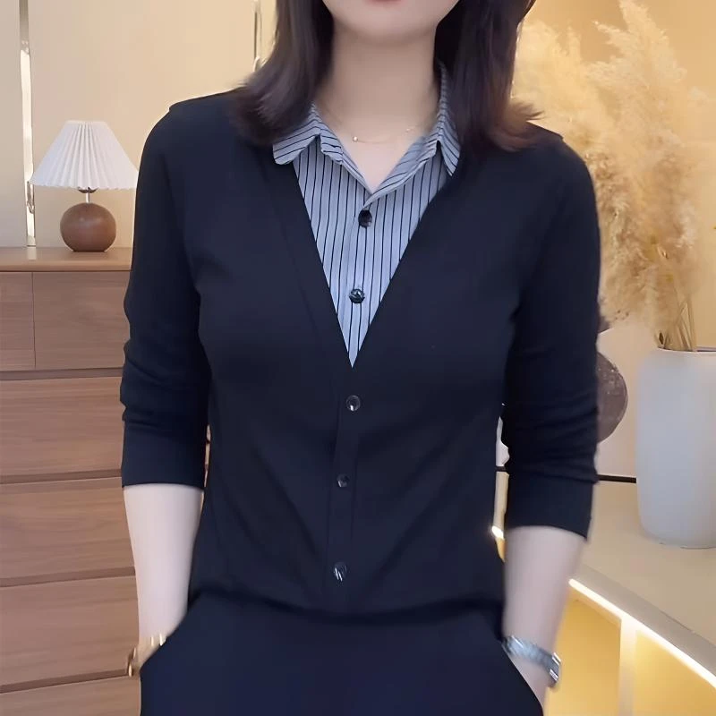 2025新款假两件打底衫气质百搭显瘦减龄设计感套头条纹拼接上衣女