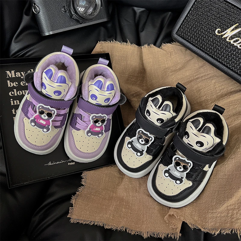 儿童加绒熊猫女童板鞋冬季新款男童中帮二棉运动鞋LLWN8016