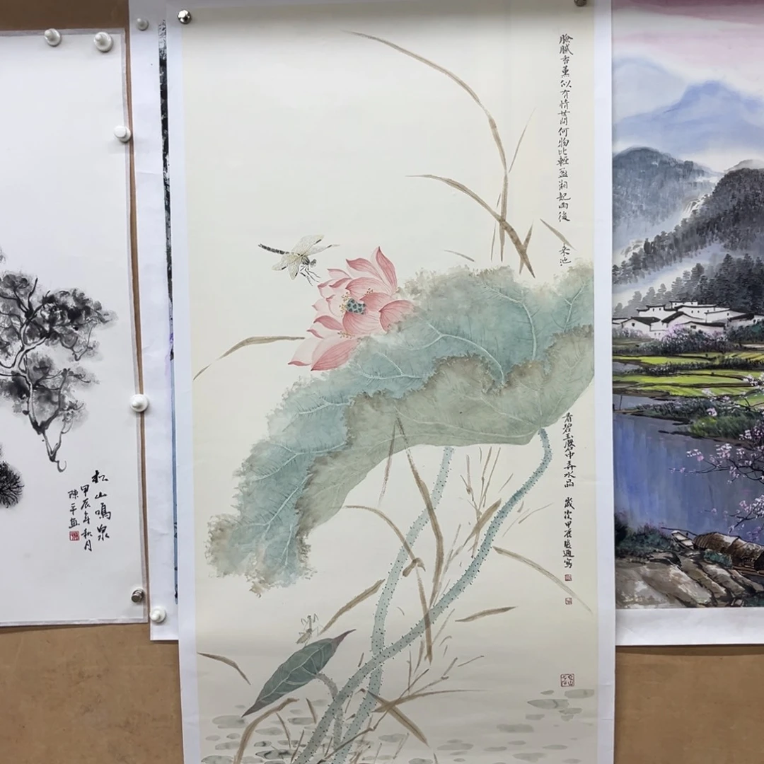 国画荷花蜻蜓 手绘精工笔没骨荷花新中式国画 画芯 放漏