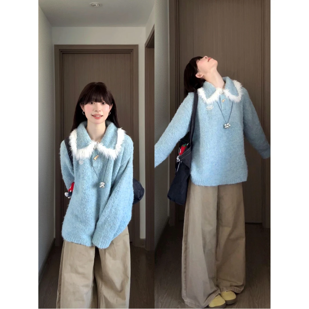 MARIE.COCO秋冬新款美式复古温柔软糯厚实蓝色宽松毛衣穿搭阔腿裤