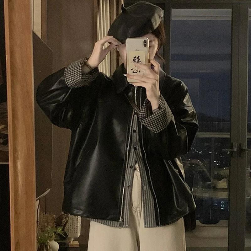 实拍水洗超柔软皮仿羊皮哑光超高质感显瘦皮衣外套女格子拼接外套