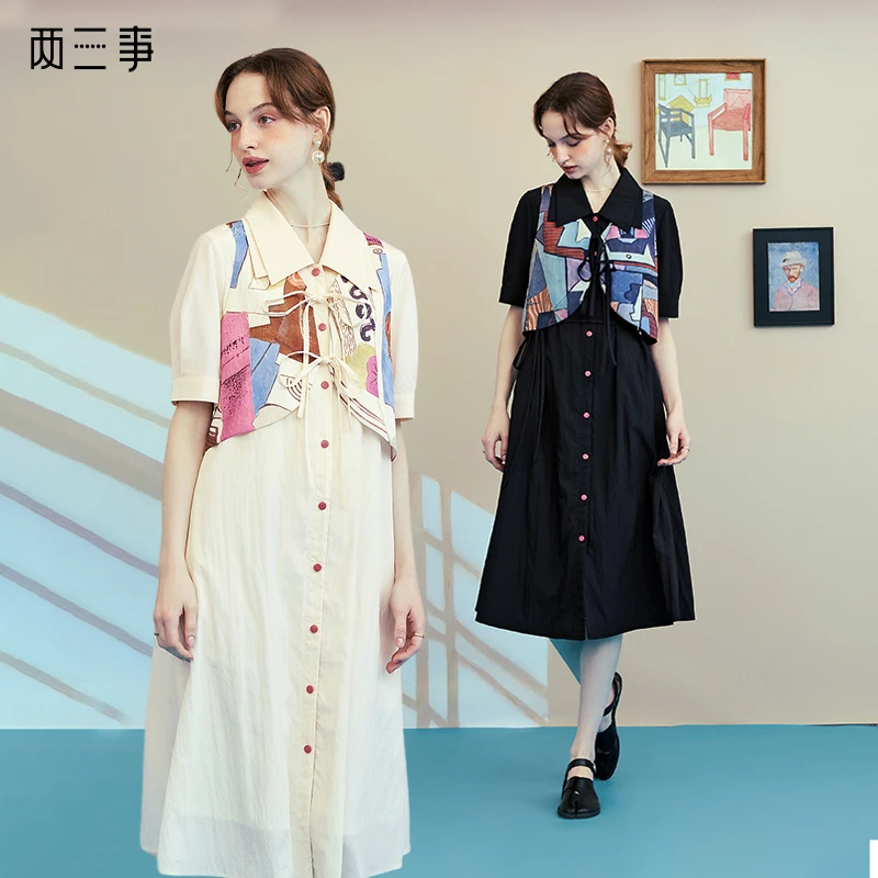 两三事 晨昏画意 2025夏季新款复古印花布拼接假两件连衣裙长裙
