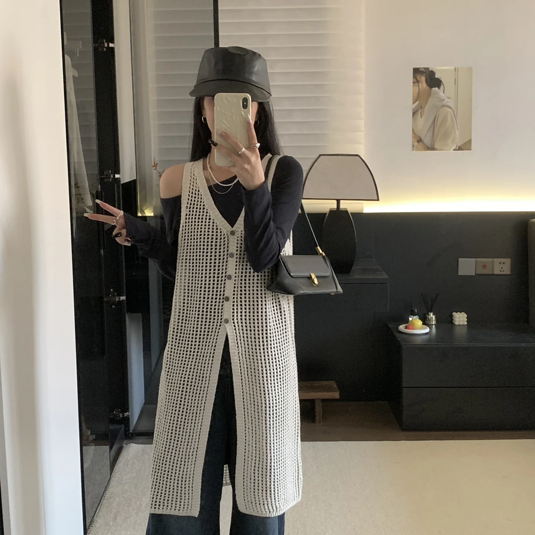 CHERRY  STUDIO-大牌简约单品镂空长款开衫背心