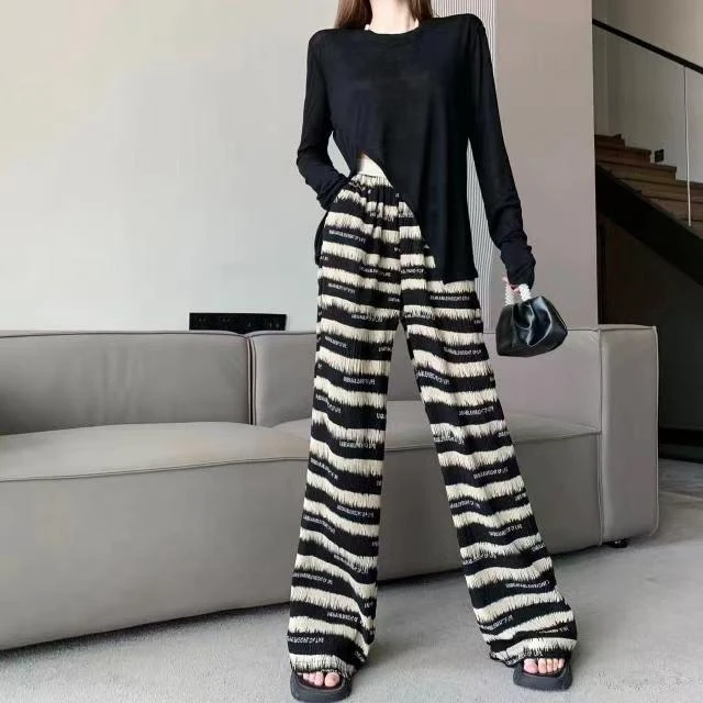 网纱透气薄款半透明开叉不规则宽松长袖五一旅游出街衣服休闲裤女