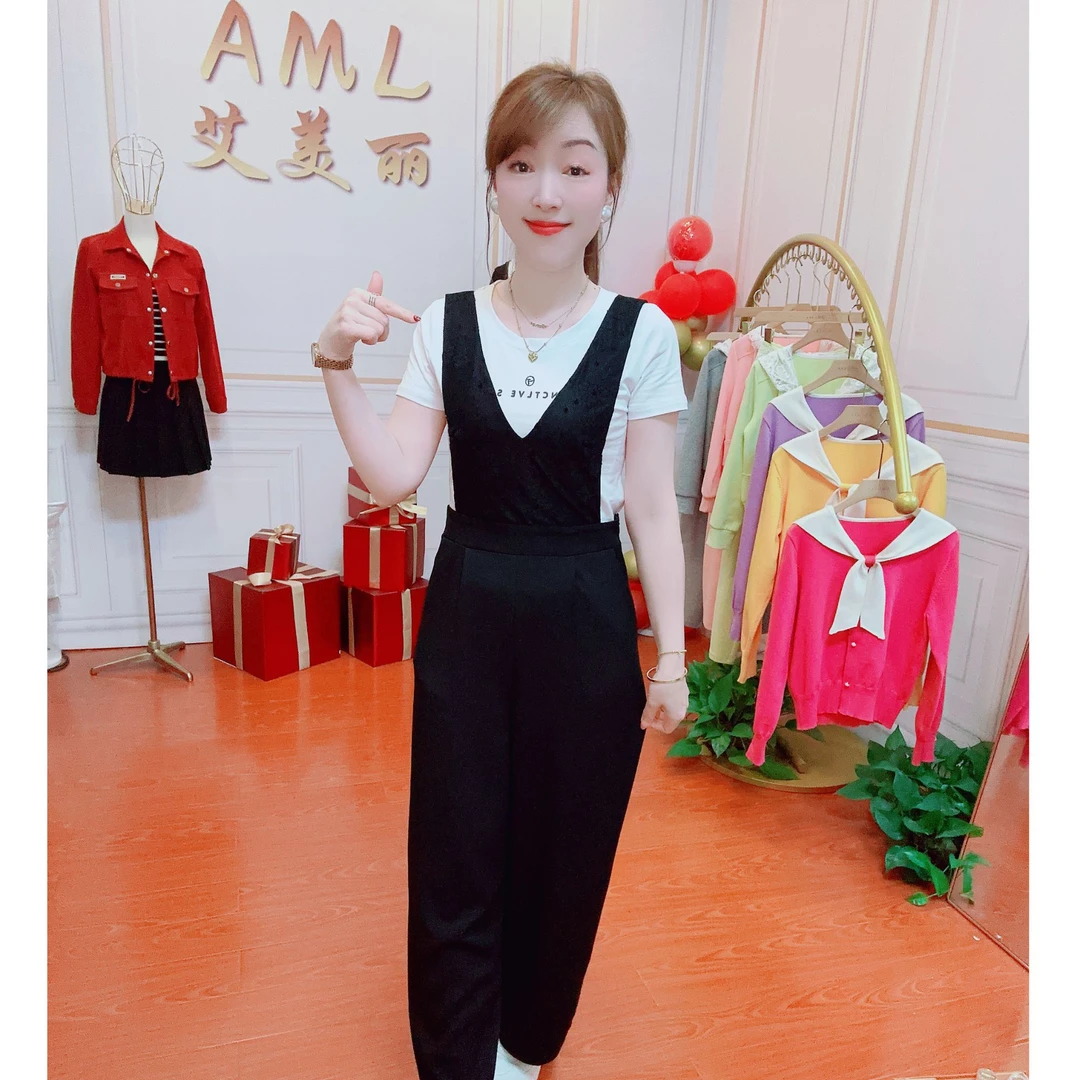 AML3 高级感蕾丝拼接气质窄版阔腿裤搭配简约T恤2025背带裤套装