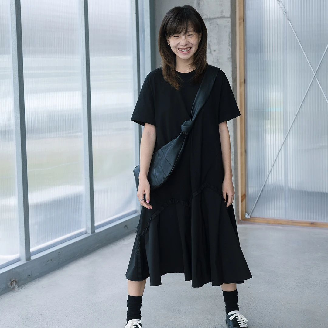 步履不停 日系花边圆领针梭拼接连衣裙A字型裙女