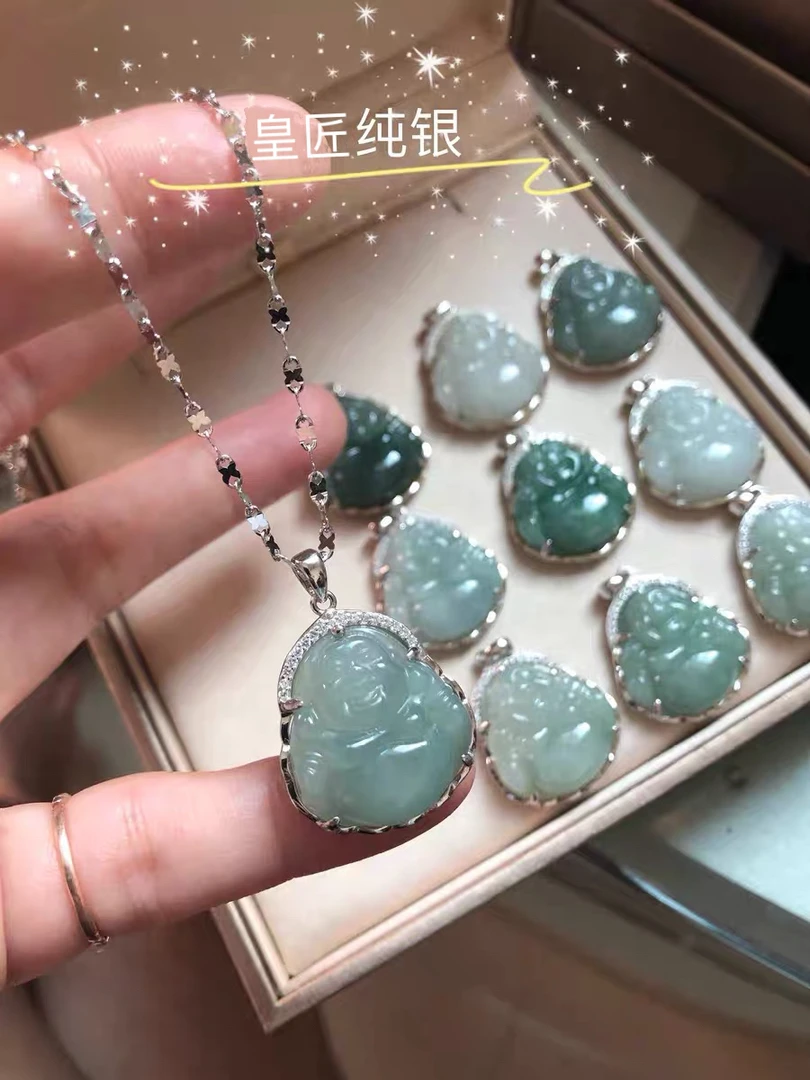 坠链均925银 纯银镶嵌小佛弥勒佛平安扣玉佛站佛观音银坠子锁骨链