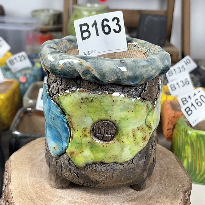 紫砂花盆孤品 不规则油画山石小老桩 内口6.5