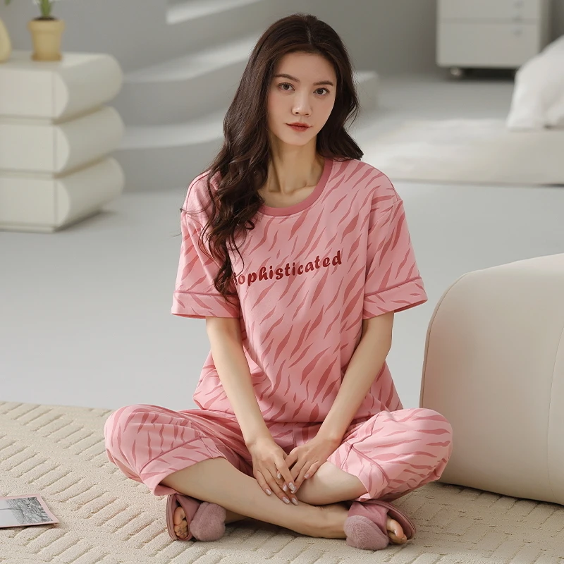 夏季睡衣女款2025新款夏天短袖七分裤100%纯棉女生甜美家居服套装