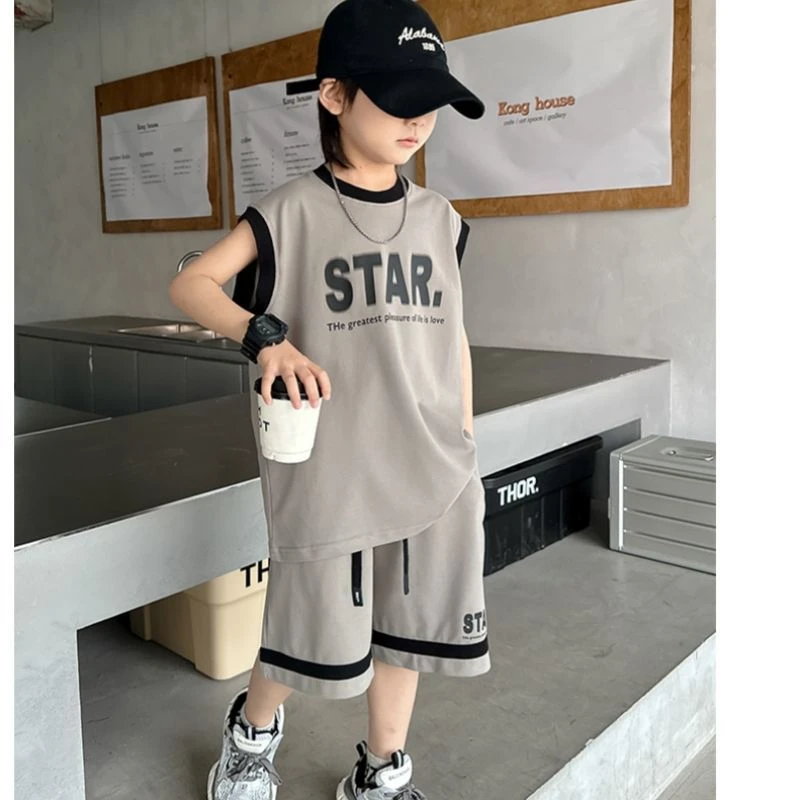 男童无袖套装夏季2025新款儿童夏装背心短裤运动服夏款男孩中大童