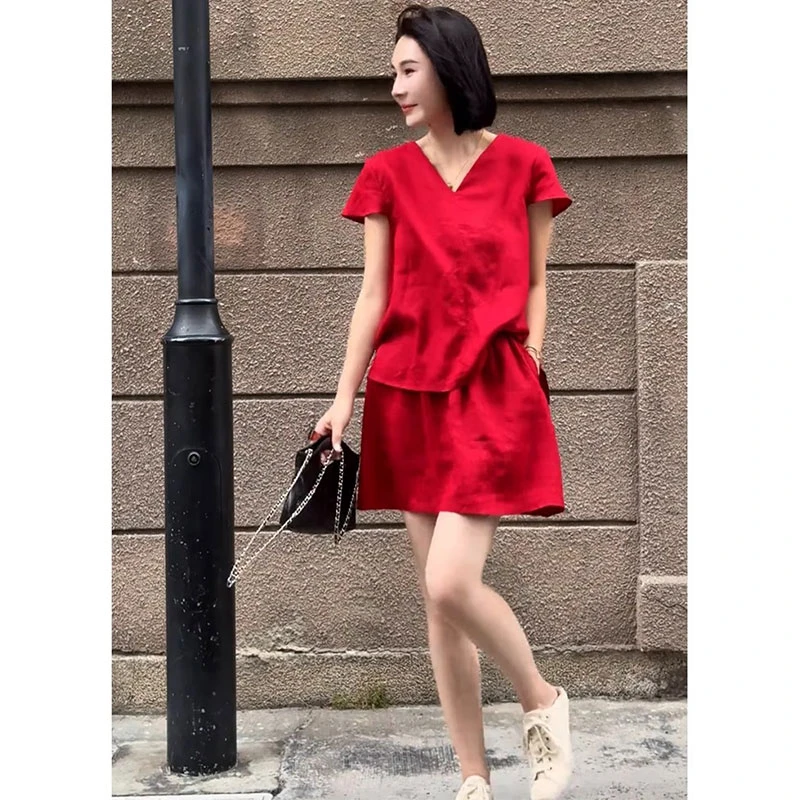 时尚麻料套装欧洲站2025夏季新款洋气百搭宽松V领上衣高腰短裤潮