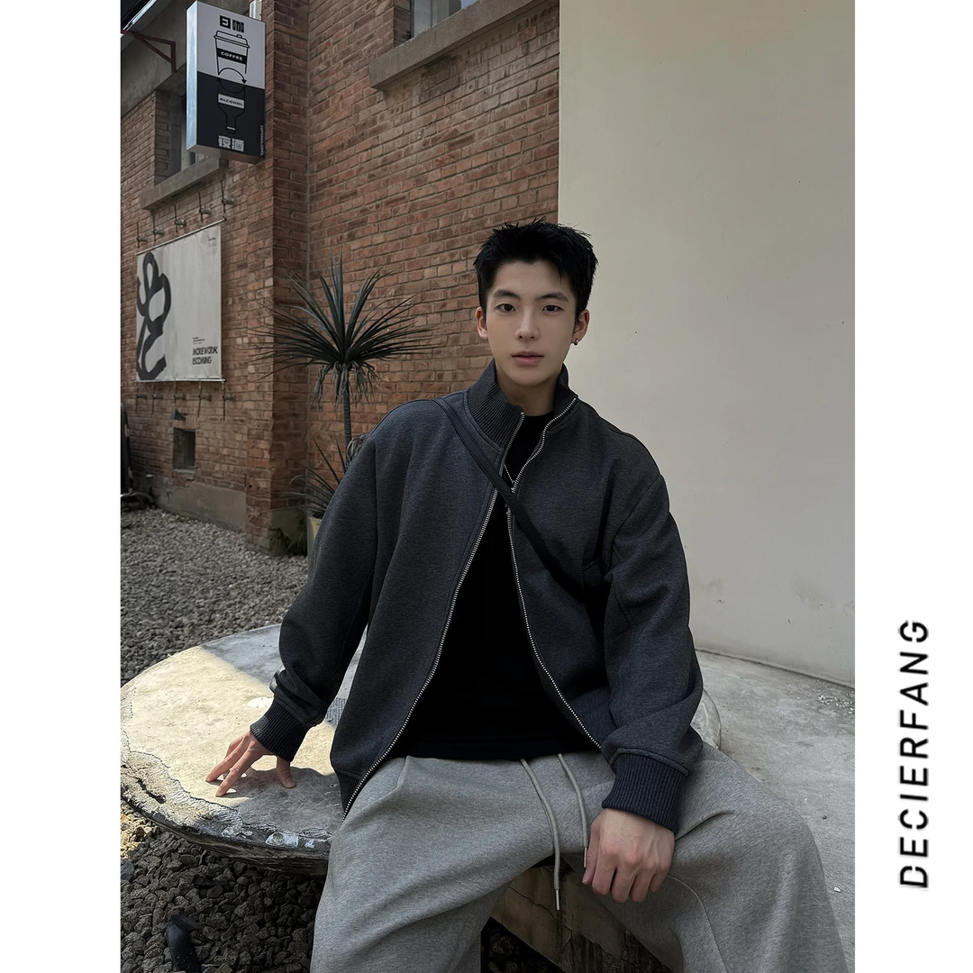 HAIDAN秋季中性风穿搭开衫外套慵懒风双拉链纯色宽松百搭立领夹克