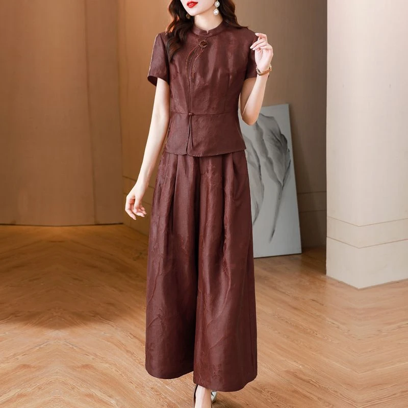 红云纱气质套装女夏季休闲时尚2023新款妈妈洋气复古阔腿裤两件套