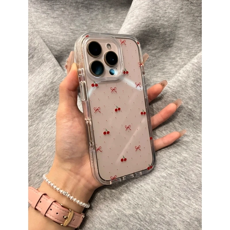 奥菲顿红波点樱桃蝴蝶结适用iPhone16/15pro高透手机壳14苹果12套