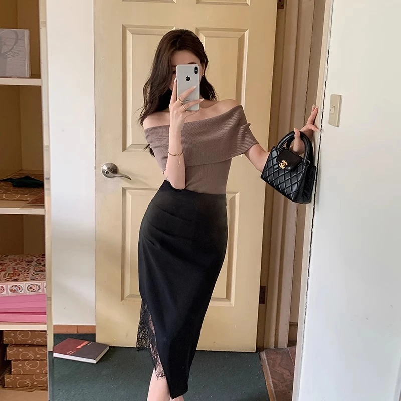 气质修身显瘦蕾丝拼接包臀半身裙女夏季御姐高腰开叉中长裙小黑裙