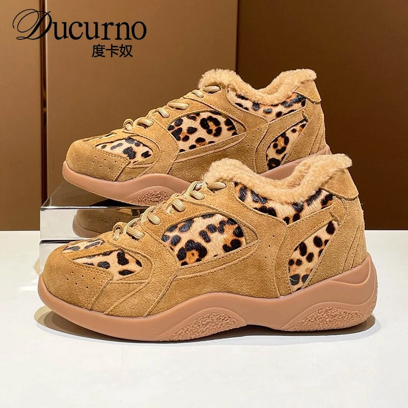 厚底老爹鞋女2025新款春秋季真皮加绒保暖外穿豹纹马毛德训休闲鞋