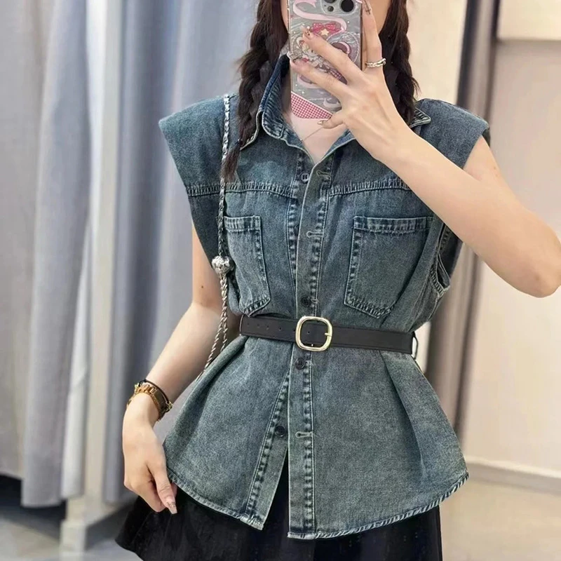 高级感牛仔马甲薄款外套女新款夏季韩版百搭风显瘦配腰带无袖上衣