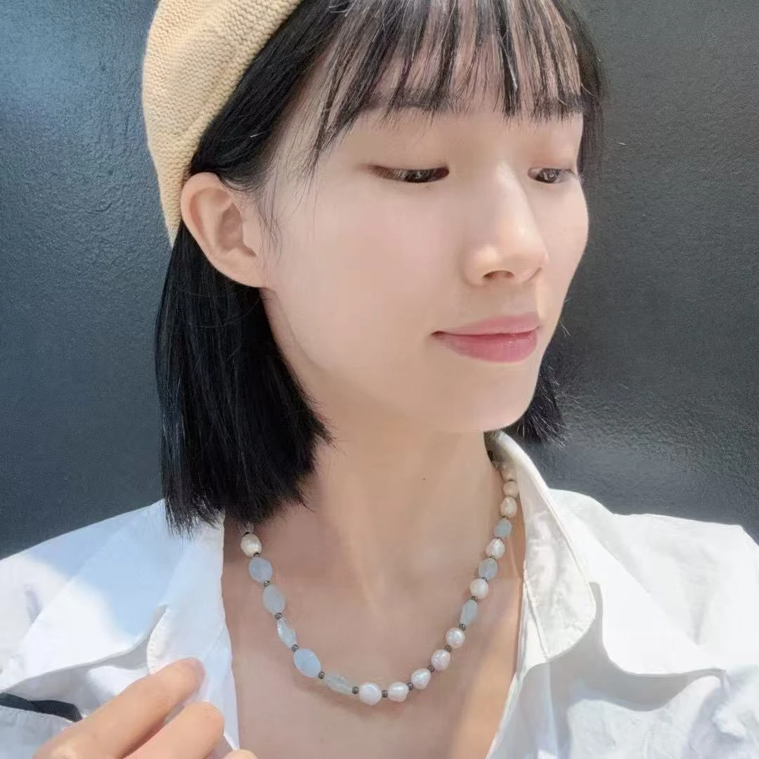 铜项链 【叶子】清爽海蓝色白色珠节奏感彩色拼接项链