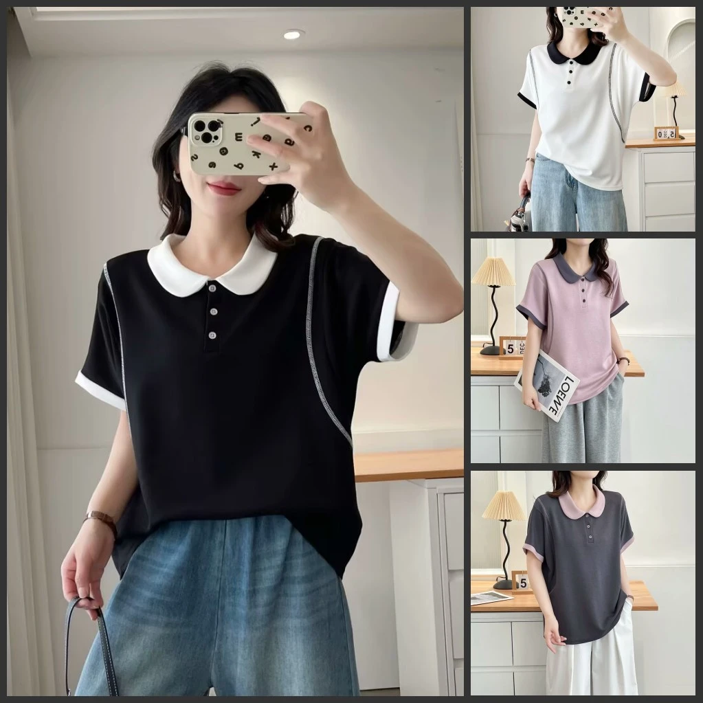 梦冬佳--110-200斤大码女装宽松遮肚子拼色小领子短袖T恤胖mm上衣