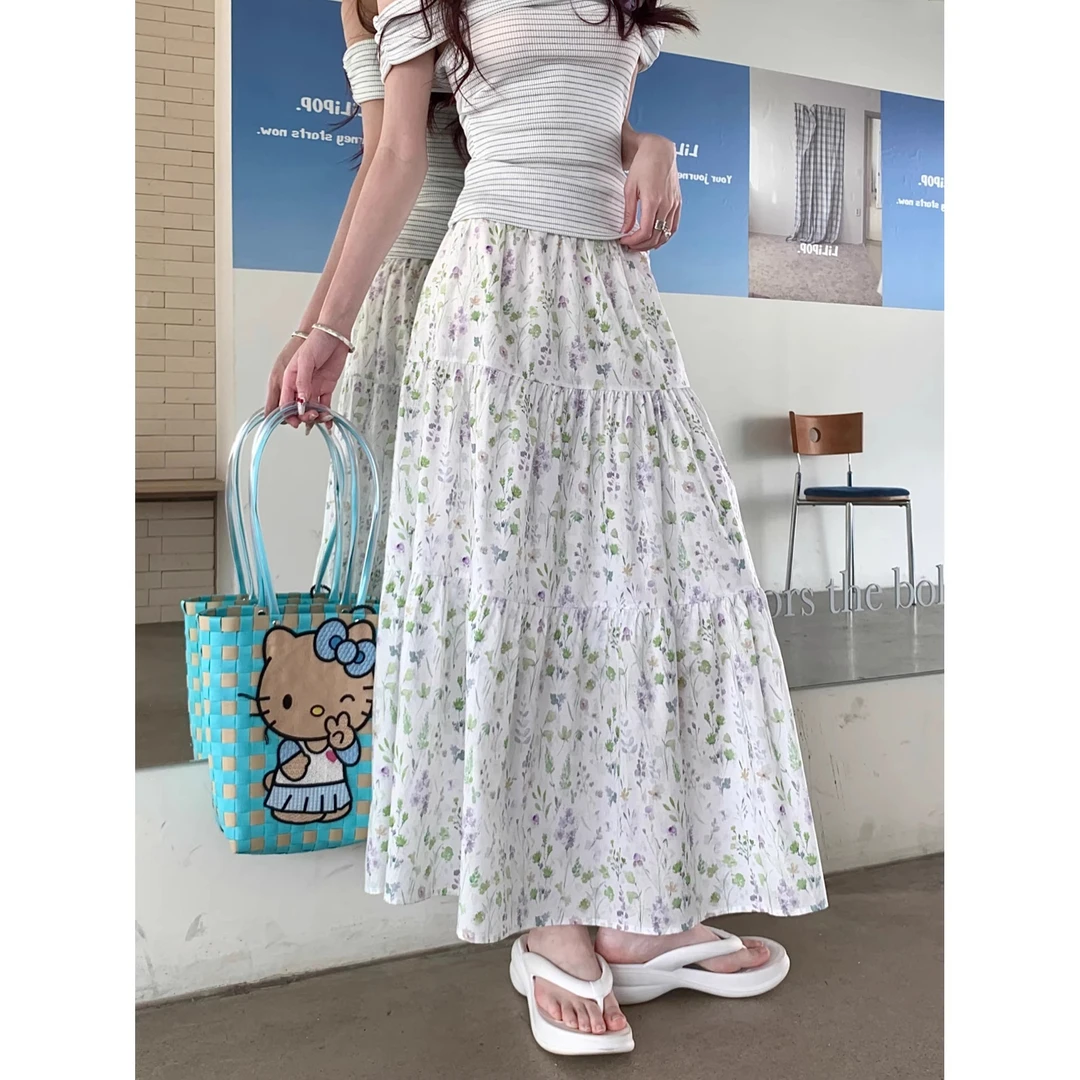 温柔风彩色碎花半身裙女夏季新款高腰气质修身显瘦A字裙大摆长裙