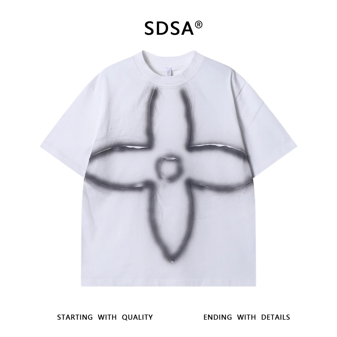 夏季高级感新款美式涂鸦喷绘十字圆领短袖T恤细闪百搭宽松上衣