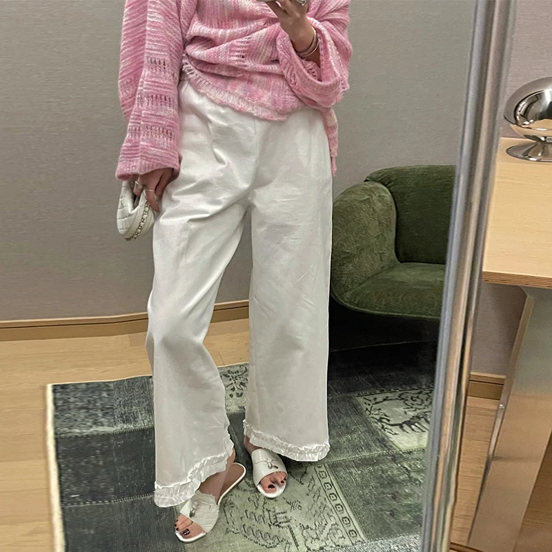 韩系设计感复古花边阔腿裤女2025春夏新款时尚百搭裤柔软休闲裤