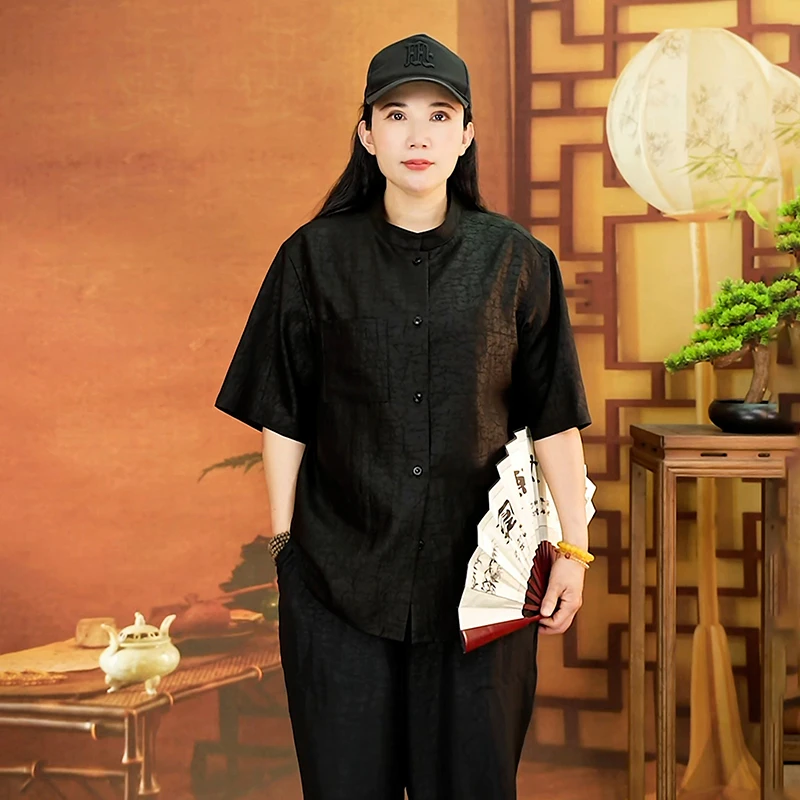 babibao/巴比豹龟裂纹香云纱夏季100桑蚕丝衬衣男士男装衬衫002LH