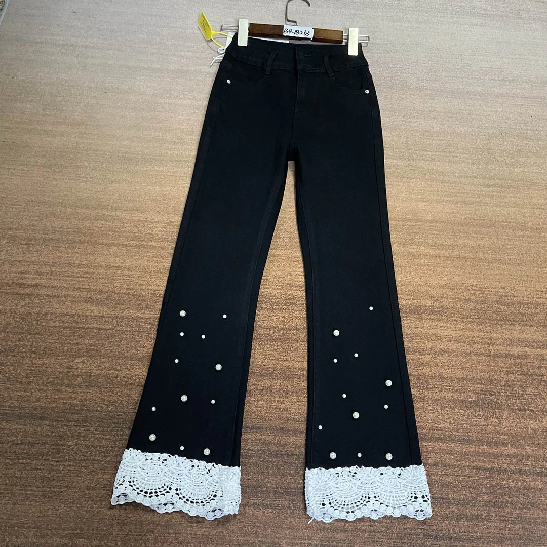 B4-18263 黑色九分小众重工钉珠花边微喇女神裤 高弹（不退换）