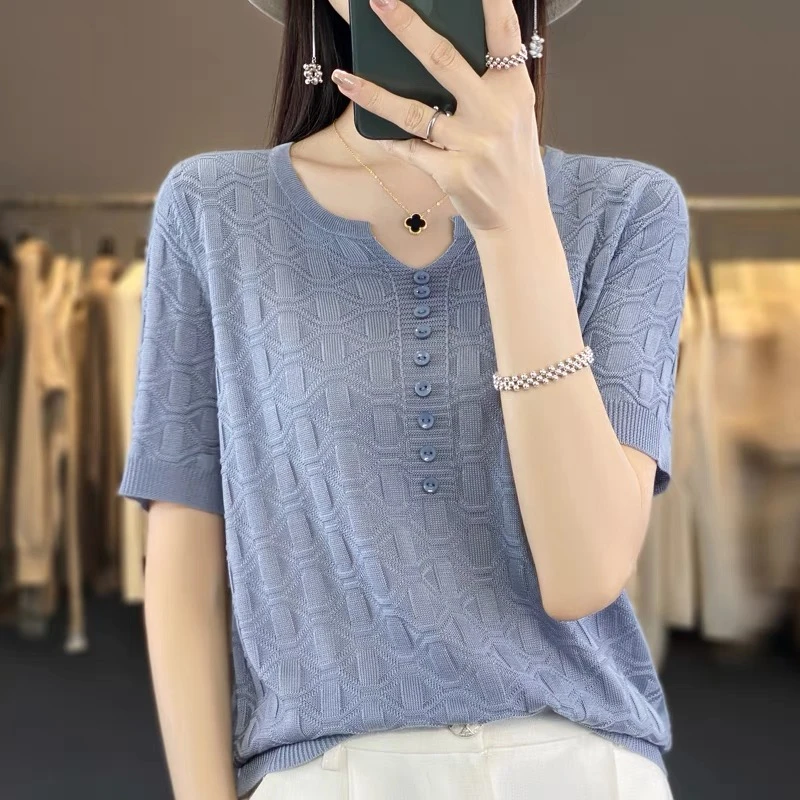莱赛尔天丝~清凉舒适夏季V领针织短袖显瘦气质时尚百搭纯色套头