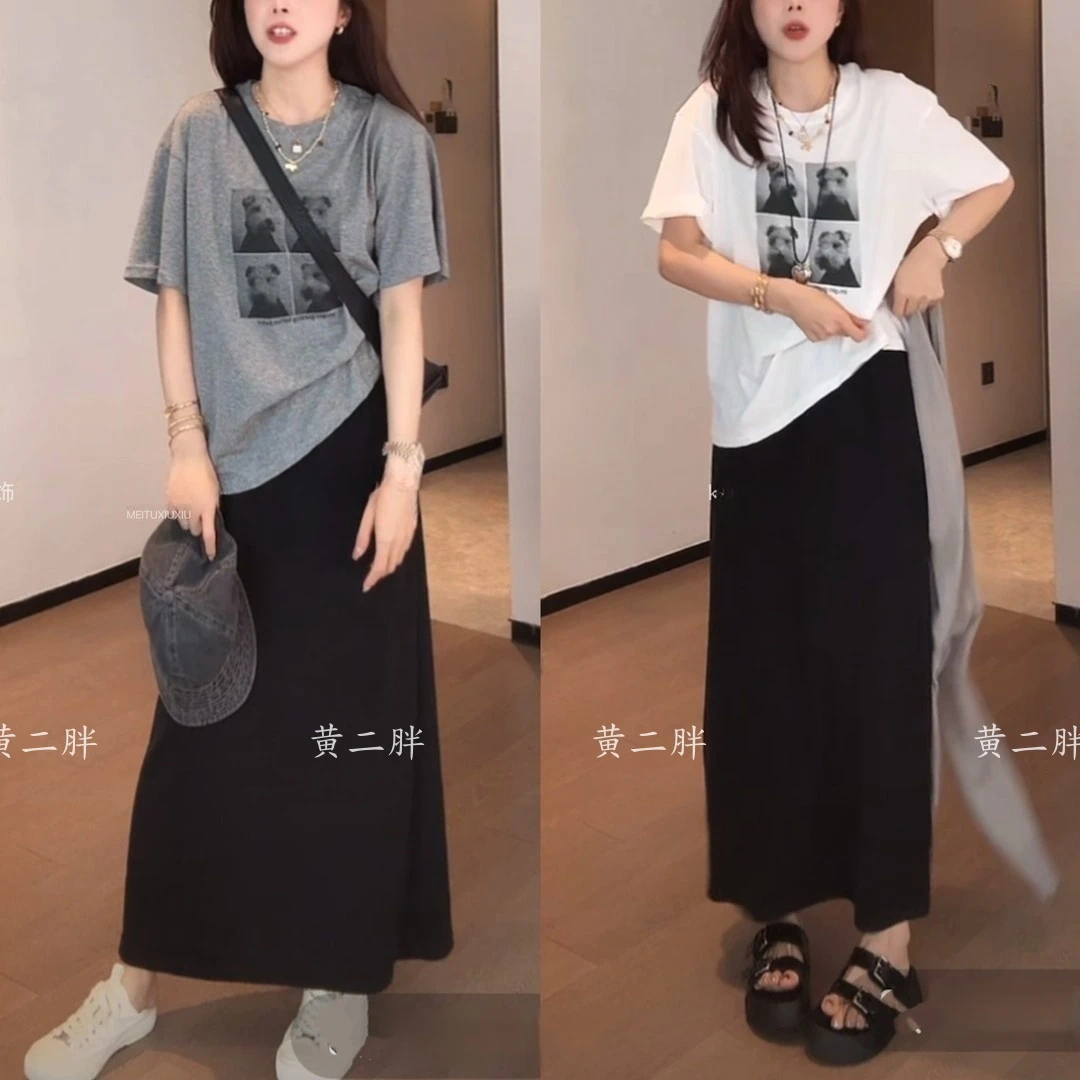 欧货卡通印花休闲短袖T恤套装松紧腰显瘦宽松半身裙两件套