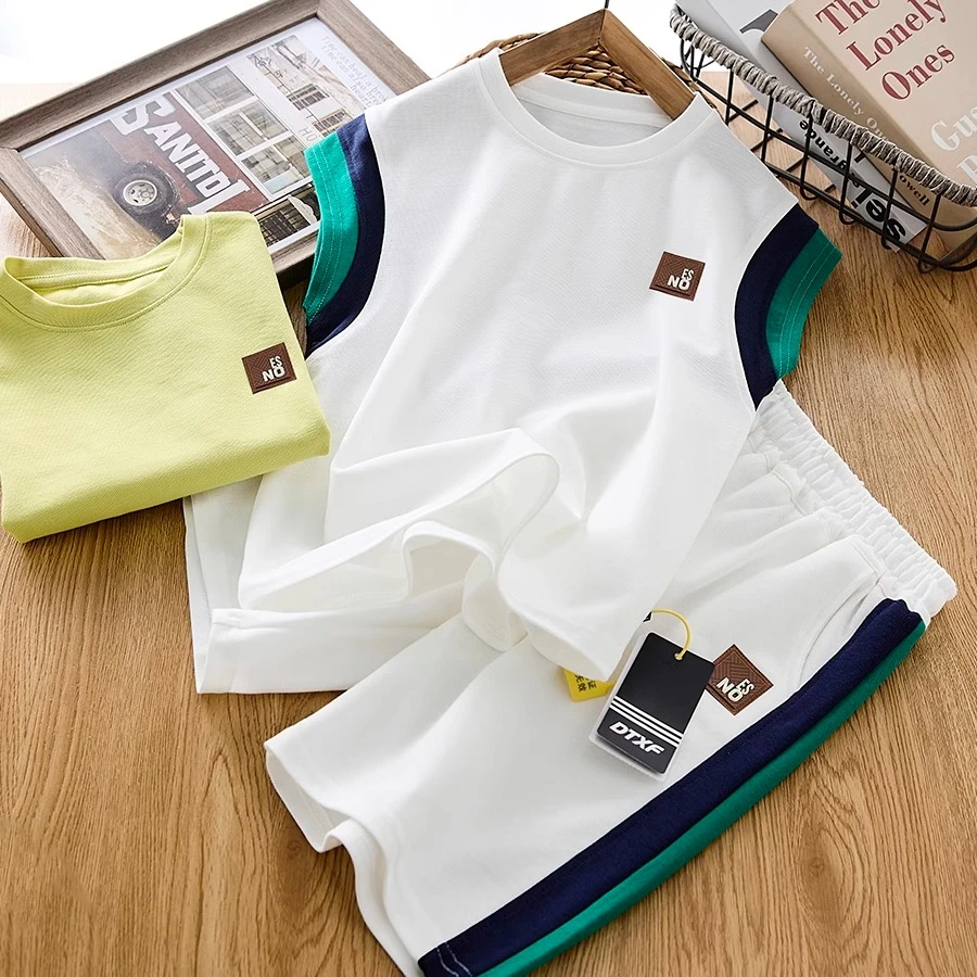 MK&UR.BV男童夏季套装2025新款两件套撞色薄款儿童背心短裤中大童