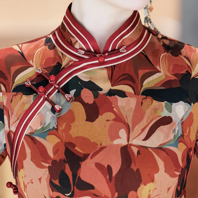 5604修身中长款旗袍三分袖夏季长旗袍包臀裙日常中国风显瘦少女