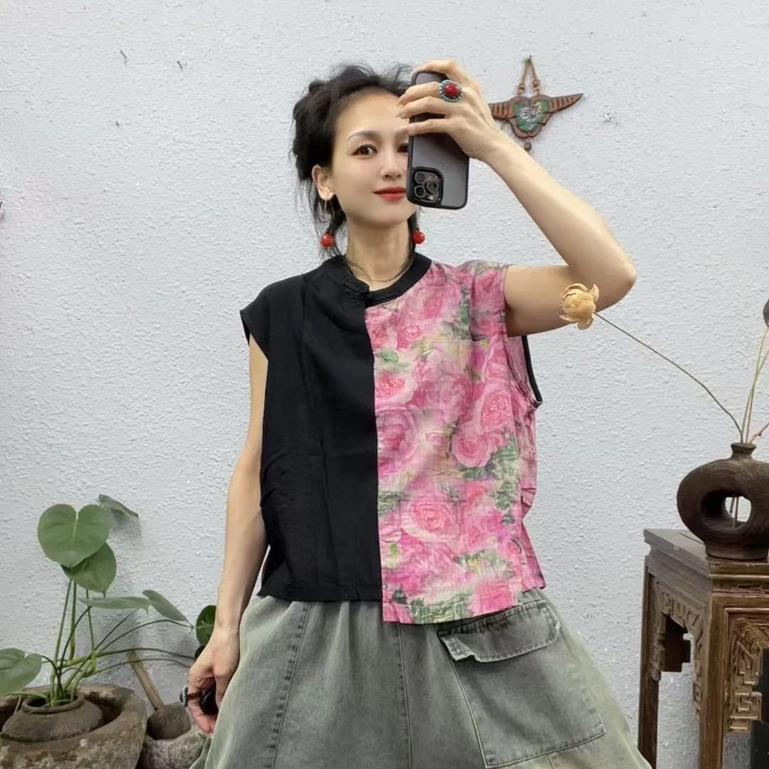 30326棉麻花色左侧撞黑色背心上衣（长52-57胸围126