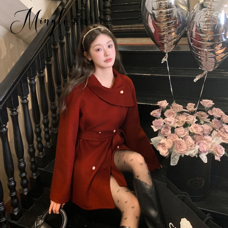 名缕女装时尚双面呢大衣女2025冬季新款韩系流行收腰减龄优雅外套