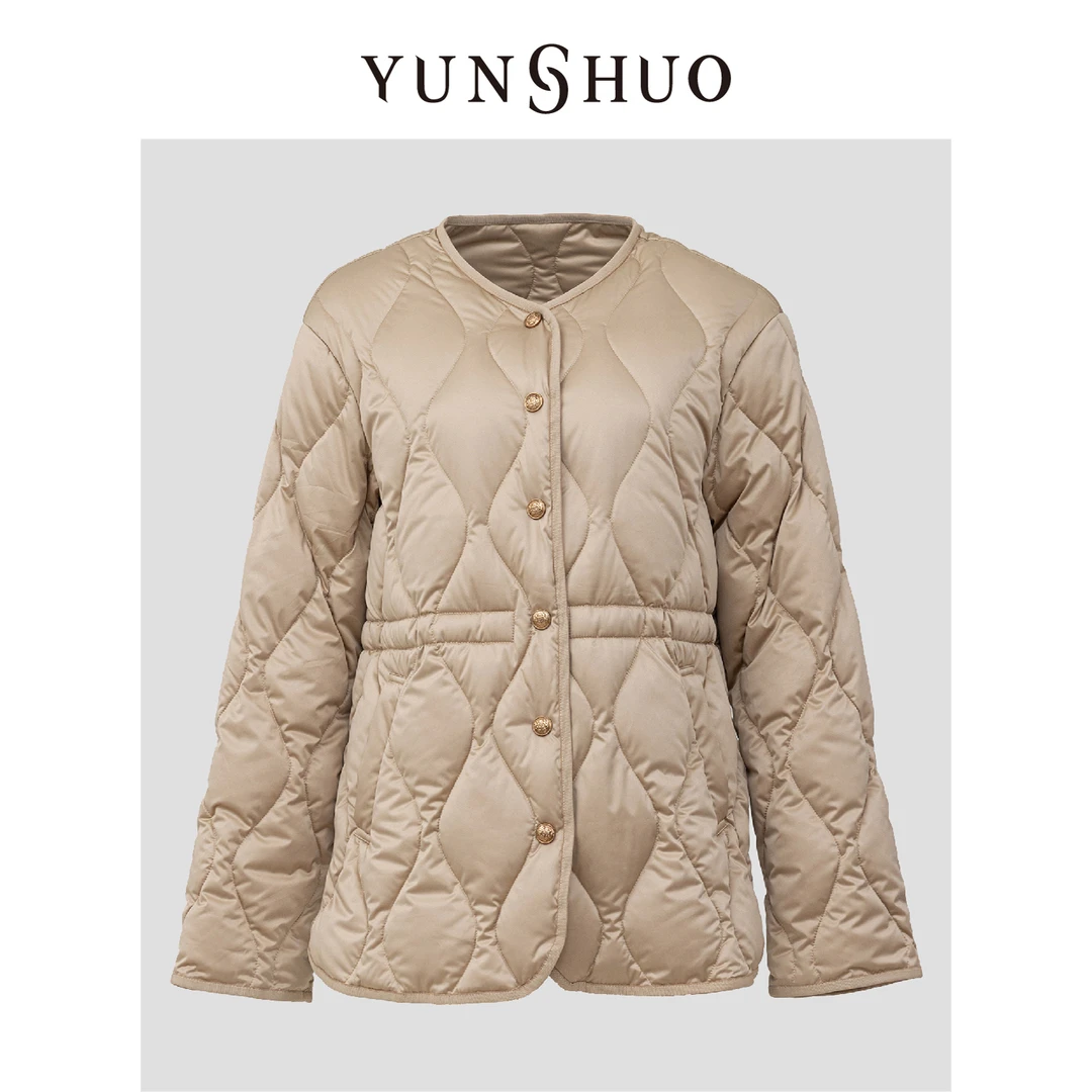 允硕秋冬季短款收腰圆领羽绒服女菱形花纹圆领轻暖羽绒衣816103