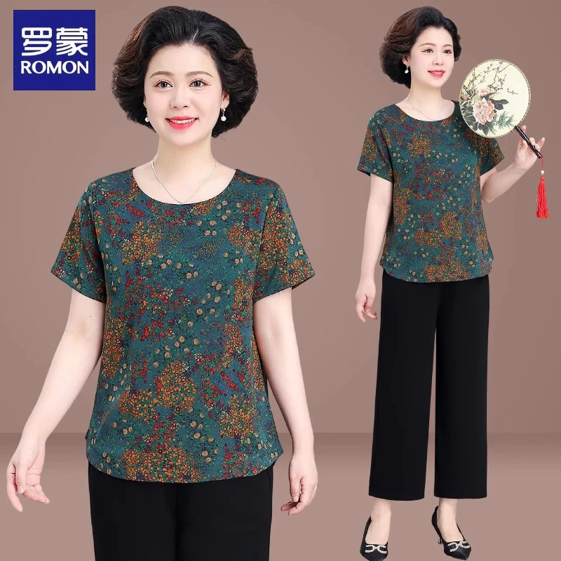 罗蒙中年妈妈夏装短袖套装花色圆领T恤衫中老年女装休闲两件套薄