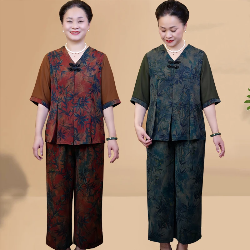 大码妈妈装套装女2025夏季新款V领花色中老年国风宽松中式两件套
